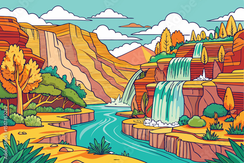 Colorful Cartoon Landscape with Waterfalls Cliffs Trees and a River
