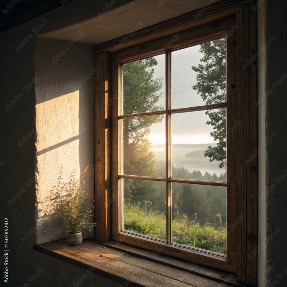 Obraz premium This image shows a wooden window, with a view of the natural scenery outside through the glass. A small plant pot is placed by the window, and the sunlight enters the room and falls on the wall, creat