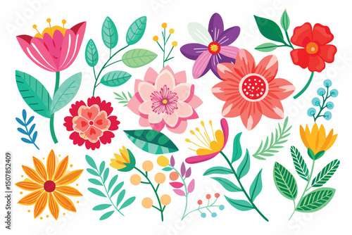 Colorful Floral Collection with Various Flowers and Leaves on White Background
