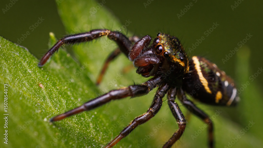 A spider is on a leaf. The spider is black and yellow A spider is on a leaf. The spider is black and yellow