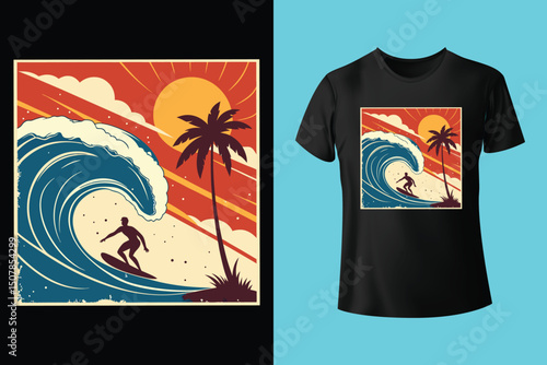 Summer Escape T-Shirt Design – Beach and Palm Tree Vector, Hot Summer Vibes – Stylish T-Shirt Graphic for Sunny Days, Beach Mood T-Shirt Art – Summer Illustration with Sun and Sea, Summer Daydream.