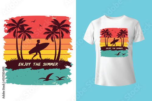 Summer Escape T-Shirt Design – Beach and Palm Tree Vector, Hot Summer Vibes – Stylish T-Shirt Graphic for Sunny Days, Beach Mood T-Shirt Art – Summer Illustration with Sun and Sea, Summer Daydream.