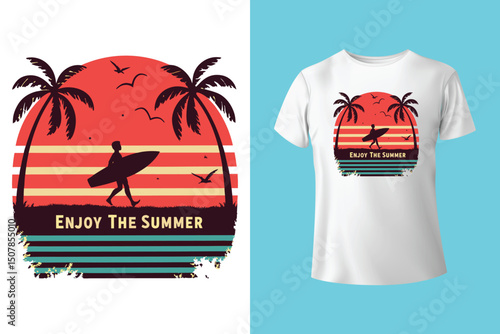 Summer Escape T-Shirt Design – Beach and Palm Tree Vector, Hot Summer Vibes – Stylish T-Shirt Graphic for Sunny Days, Beach Mood T-Shirt Art – Summer Illustration with Sun and Sea, Summer Daydream.