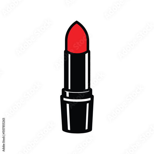 Symmetrical red lipstick with sleek black casing presents a modern beauty icon on white