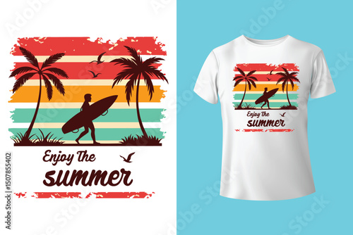 Summer Escape T-Shirt Design – Beach and Palm Tree Vector, Hot Summer Vibes – Stylish T-Shirt Graphic for Sunny Days, Beach Mood T-Shirt Art – Summer Illustration with Sun and Sea, Summer Daydream.