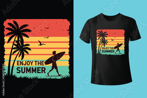 Summer Escape T-Shirt Design – Beach and Palm Tree Vector, Hot Summer Vibes – Stylish T-Shirt Graphic for Sunny Days, Beach Mood T-Shirt Art – Summer Illustration with Sun and Sea, Summer Daydream.