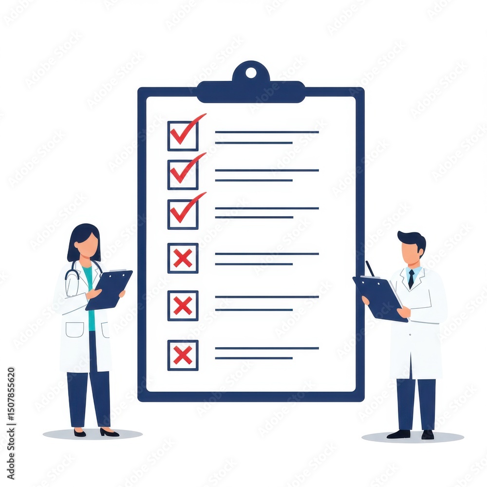 Medical checklist with doctors isolated on white background for healthcare, report, and survey uses. Medical checklist with doctors isolated on white background for healthcare, report, and survey uses.