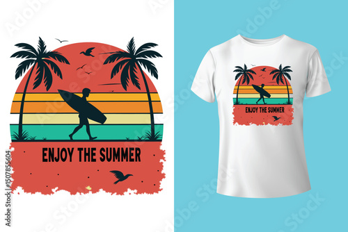 Summer Escape T-Shirt Design – Beach and Palm Tree Vector, Hot Summer Vibes – Stylish T-Shirt Graphic for Sunny Days, Beach Mood T-Shirt Art – Summer Illustration with Sun and Sea, Summer Daydream.