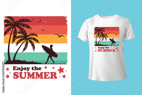 Summer Escape T-Shirt Design – Beach and Palm Tree Vector, Hot Summer Vibes – Stylish T-Shirt Graphic for Sunny Days, Beach Mood T-Shirt Art – Summer Illustration with Sun and Sea, Summer Daydream.