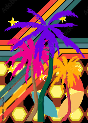 Retro 70s Background with Palm Tree. Groovy Tropical 1970s art template. Minimalistic Vintage design poster. Old-fashioned color artwork.