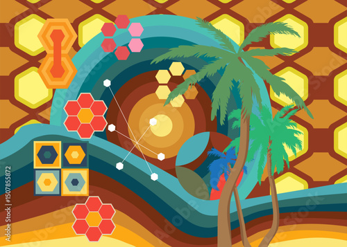 Retro 70s Background with Palm Tree. Groovy Tropical 1970s art template. Minimalistic Vintage design poster. Old-fashioned color artwork.
