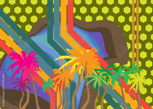 Retro 70s Background with Palm Tree. Groovy Tropical 1970s art template. Minimalistic Vintage design poster. Old-fashioned color artwork.