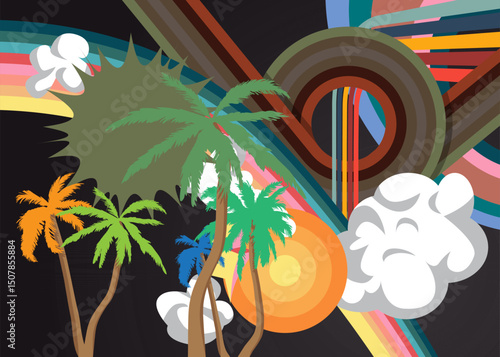 Retro 70s Background with Palm Tree. Groovy Tropical 1970s art template. Minimalistic Vintage design poster. Old-fashioned color artwork.