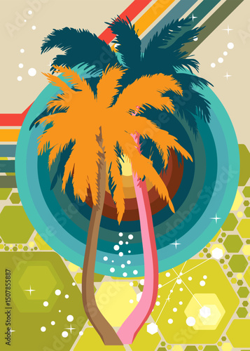 Retro 70s Background with Palm Tree. Groovy Tropical 1970s art template. Minimalistic Vintage design poster. Old-fashioned color artwork.