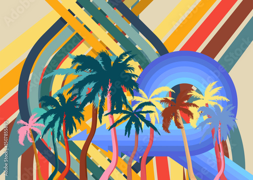 Retro 70s Background with Palm Tree. Groovy Tropical 1970s art template. Minimalistic Vintage design poster. Old-fashioned color artwork.