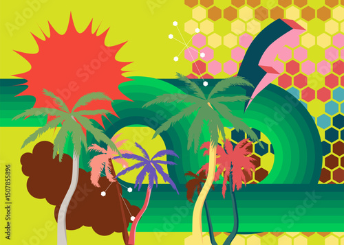 Retro 70s Background with Palm Tree. Groovy Tropical 1970s art template. Minimalistic Vintage design poster. Old-fashioned color artwork.