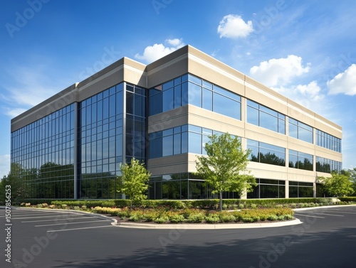 Contemporary office building exterior with glass windows reflecting cloudy sky, in realistic architectural style, on blue sky background