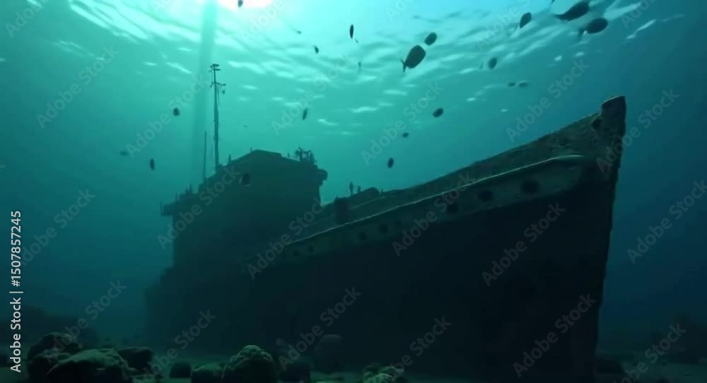 Exploring Underwater Shipwreck with Fish in Ocean Depth Exploring Underwater Shipwreck with Fish in Ocean Depth