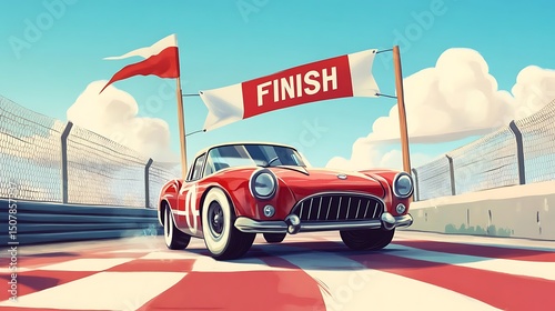 A red race car crosses the finish line on a sunny day.