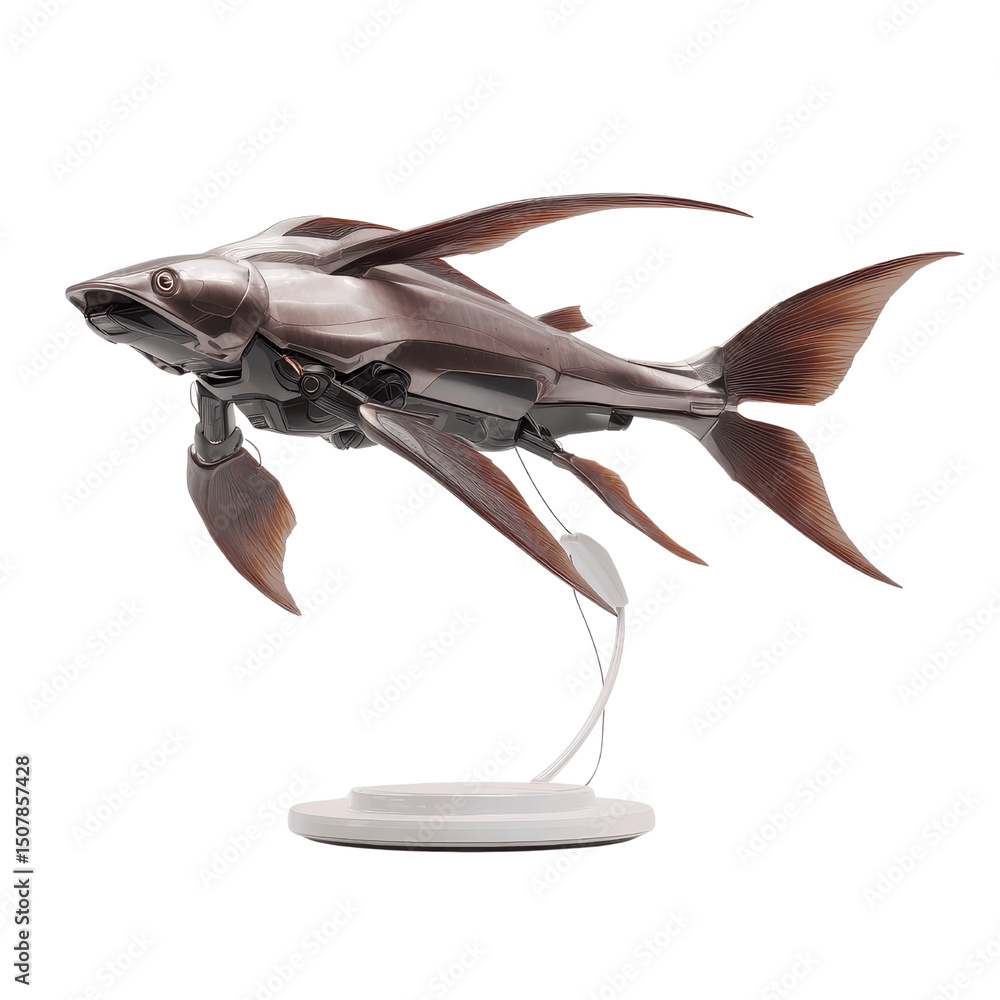 Fototapeta premium Steampunk Robotic Fish Sculpture on White Stand