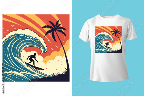 Summer Escape T-Shirt Design – Beach and Palm Tree Vector, Hot Summer Vibes – Stylish T-Shirt Graphic for Sunny Days, Beach Mood T-Shirt Art – Summer Illustration with Sun and Sea, Summer Daydream.