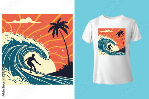 Summer Escape T-Shirt Design – Beach and Palm Tree Vector, Hot Summer Vibes – Stylish T-Shirt Graphic for Sunny Days, Beach Mood T-Shirt Art – Summer Illustration with Sun and Sea, Summer Daydream.