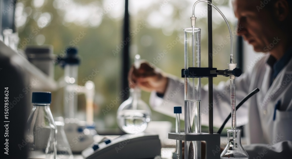 Man scientist testing urban waste water quality in chemical laboratory research. Chemist analyzes sewer water sample, treatment, environmental sanitation concept. Man scientist testing urban waste water quality in chemical laboratory research. Chemist analyzes sewer water sample, treatment, environmental sanitation concept.
