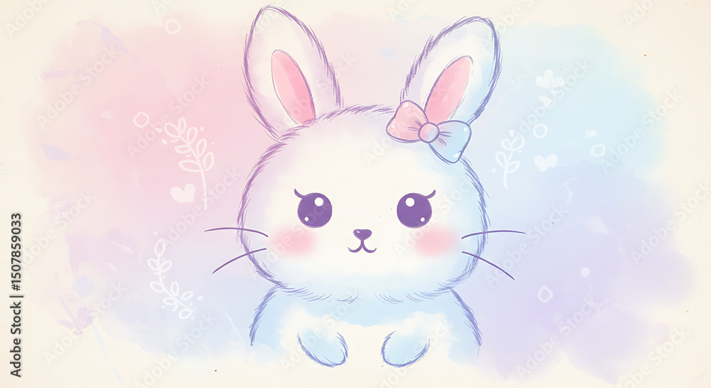 Fototapeta premium Adorable Pastel Bunny Rabbit Illustration Cute Cartoon Hare with Bow Watercolor Background