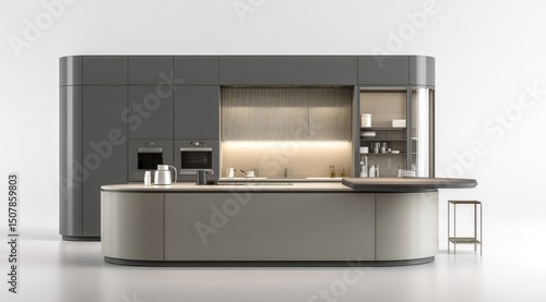Modern curved kitchen design with grey and beige cabinetry, integrated appliances, and a curved island with a wooden countertop extension.  A small metal side table is included