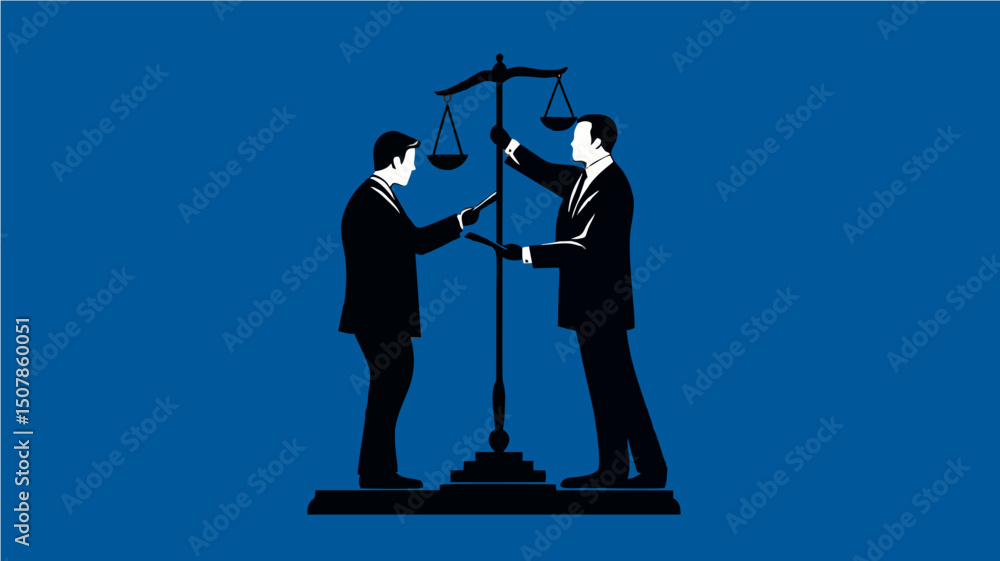 Obraz premium Businessmen Balancing Scales of Justice Concept of Legal Negotiation and Fair Deal