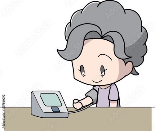 上腕式カフの血圧計で血圧を測る高齢女性のイラスト