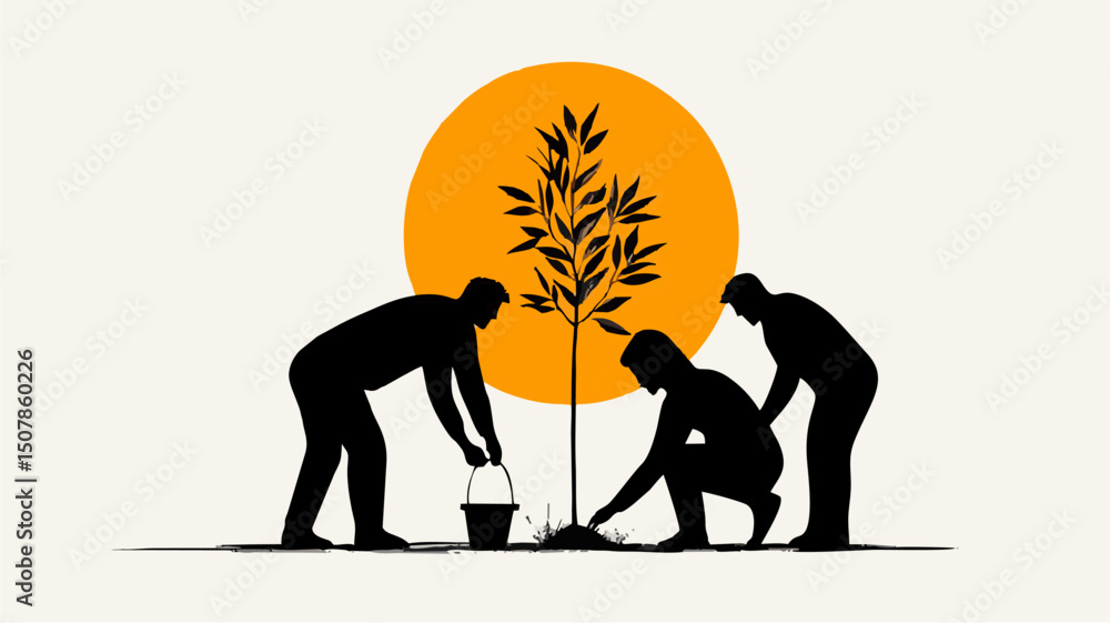 Obraz premium Collaborative Tree Planting Silhouette of Teamwork and Environmental Stewardship at Sunset
