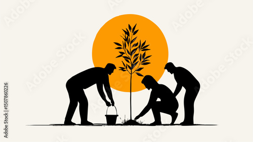 Collaborative Tree Planting Silhouette of Teamwork and Environmental Stewardship at Sunset