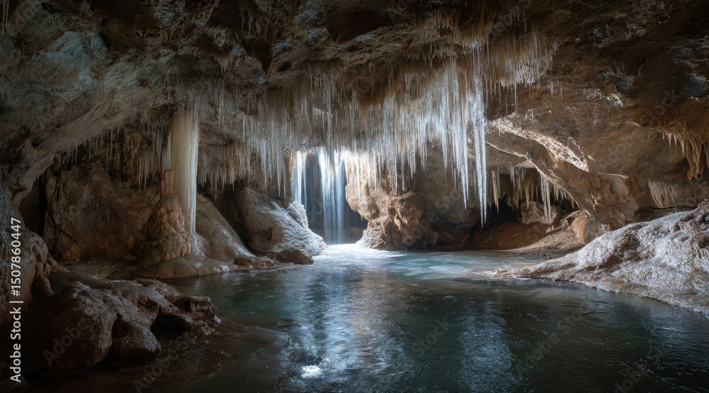 Naklejka premium Icy cave interior with a pool of water reflecting light, numerous ice formations hanging from the ceiling, and a waterfall visible through an opening