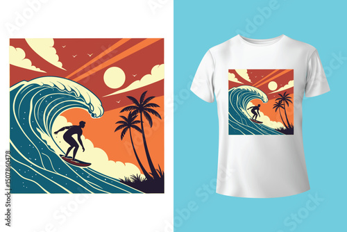Summer Escape T-Shirt Design – Beach and Palm Tree Vector, Hot Summer Vibes – Stylish T-Shirt Graphic for Sunny Days, Beach Mood T-Shirt Art – Summer Illustration with Sun and Sea, Summer Daydream.