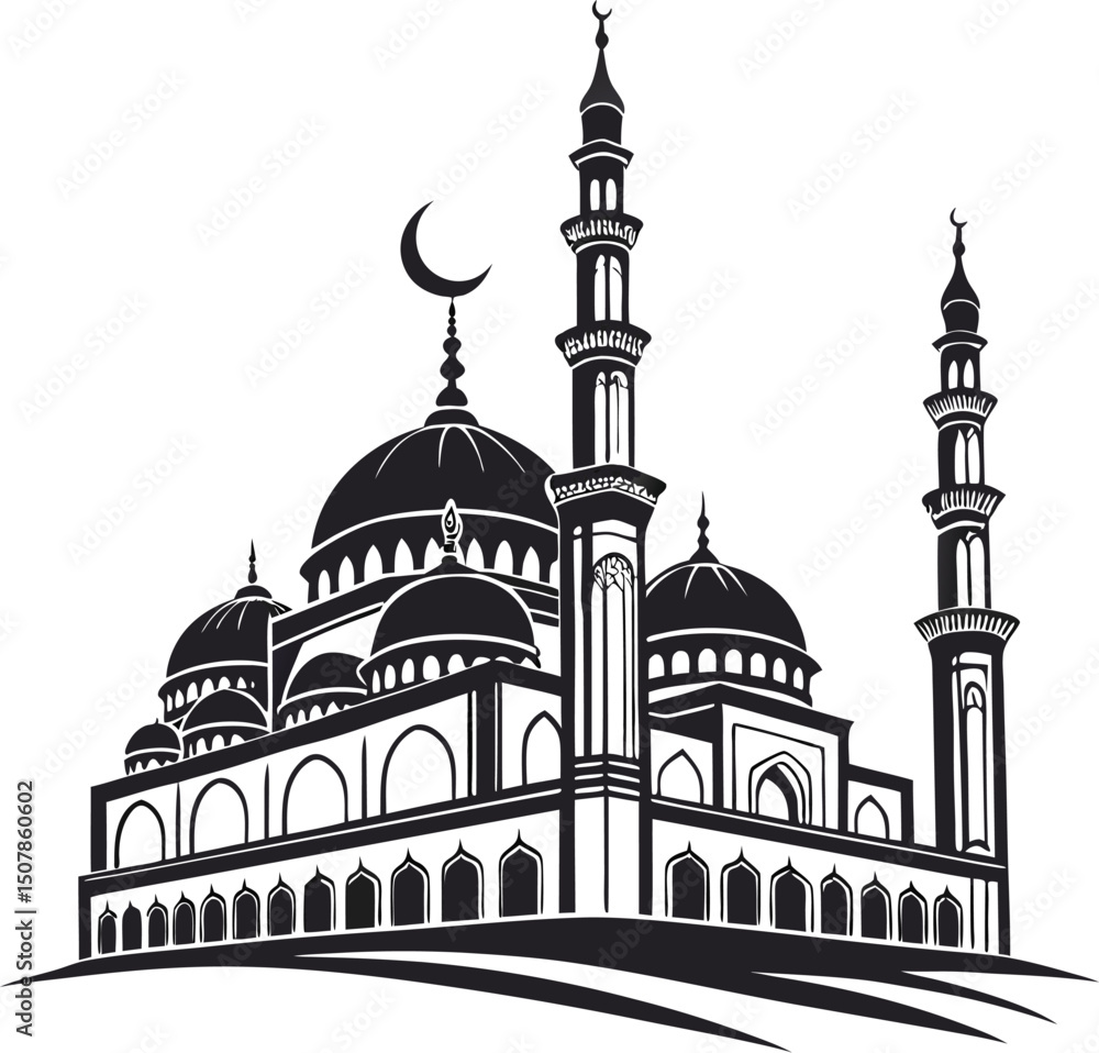Obraz premium Grand Mosque Silhouette with Onion Domes, Minarets, and Crescent Moon on White Background