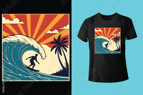 Summer Escape T-Shirt Design – Beach and Palm Tree Vector, Hot Summer Vibes – Stylish T-Shirt Graphic for Sunny Days, Beach Mood T-Shirt Art – Summer Illustration with Sun and Sea, Summer Daydream.