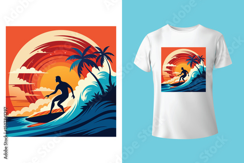 Summer Escape T-Shirt Design – Beach and Palm Tree Vector, Hot Summer Vibes – Stylish T-Shirt Graphic for Sunny Days, Beach Mood T-Shirt Art – Summer Illustration with Sun and Sea, Summer Daydream.