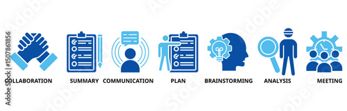 Brief icon set illustration contain collaboration, summary, communication, plan, brainstorming, analysis and meeting.