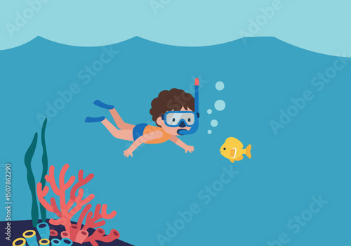 Child snorkeling underwater with fish and coral reef blue sea vector illustration 