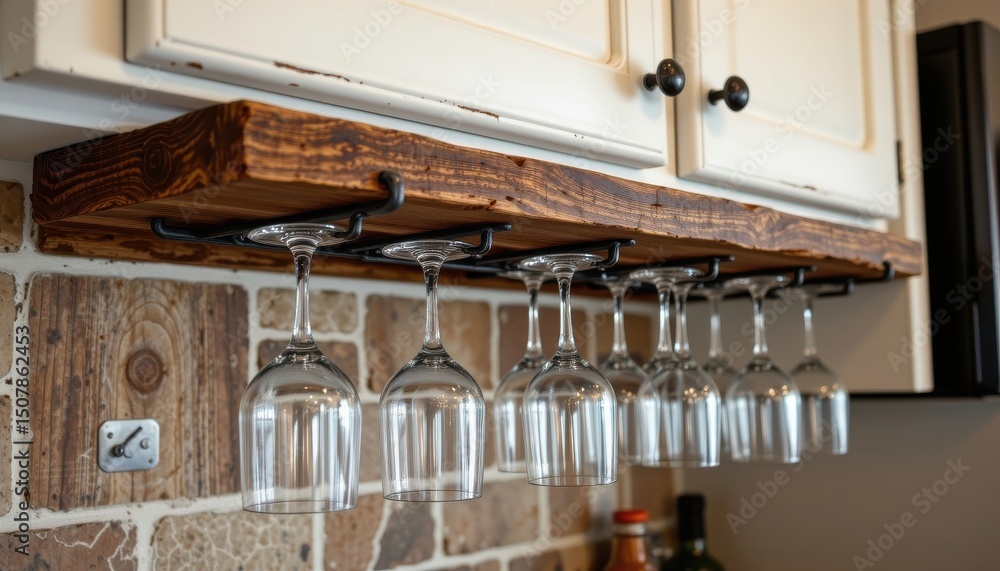 a wine glass rack fashioned from bent metal hangers mounted to a reclaimed wood beam, fitted underneath cabinets or shelves, offering a minimalist and sustainable storage solution. a wine glass rack fashioned from bent metal hangers mounted to a reclaimed wood beam, fitted underneath cabinets or shelves, offering a minimalist and sustainable storage solution.
