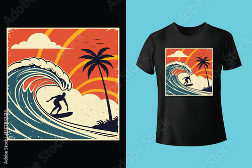 Summer Escape T-Shirt Design – Beach and Palm Tree Vector, Hot Summer Vibes – Stylish T-Shirt Graphic for Sunny Days, Beach Mood T-Shirt Art – Summer Illustration with Sun and Sea, Summer Daydream.