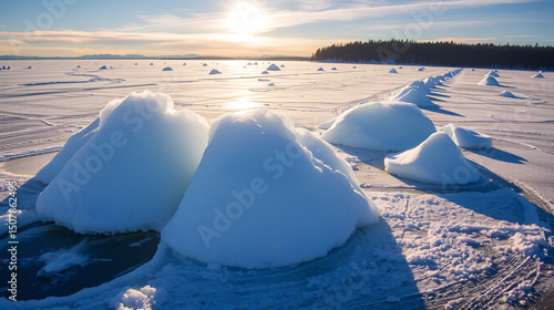 Ice hummocks on the ice of the frozen Lake Baikal. Eastern Siberia, Russia