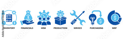 ERP icon set illustration contain inventory, financials, hrm, production, service, purchasing and mrp.