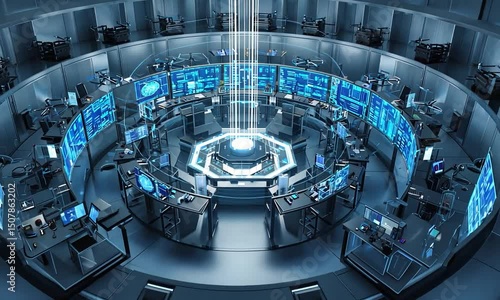 Futuristic control room with advanced technology, screens displaying data, and glowing center hub