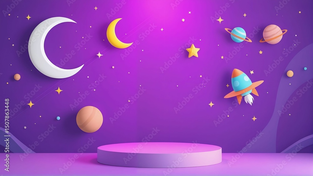 Fototapeta premium 3d kid background. Galaxy space podium, rocket planet and toy spaceship as star children products promo presentation, birthday room. Cute cartoon childish banner backdrop. Vector showcase