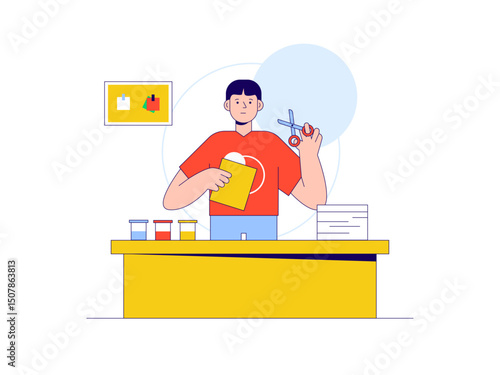 Man is cutting paper, making crafts. Craft illustration. Character design. Flat vector illustration.