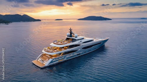 Luxurious yacht sailing at sunset over calm waters, with distant islands under a colorful sky