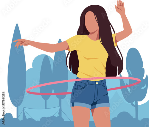 Young woman in yellow shirt playing with pink hula hoop outdoors in summer vector illustration 