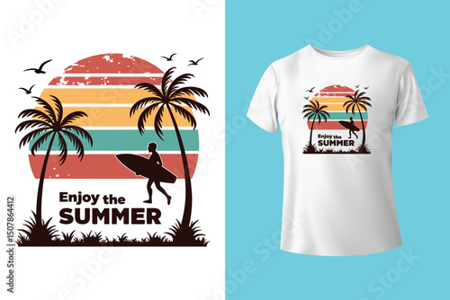 Summer Escape T-Shirt Design – Beach and Palm Tree Vector, Hot Summer Vibes – Stylish T-Shirt Graphic for Sunny Days, Beach Mood T-Shirt Art – Summer Illustration with Sun and Sea, Summer Daydream.